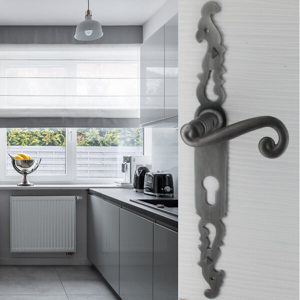 SECURY-T - Poignées de porte fer forgé COQ vieil argent 330X36 mm Trou de cylindre i - large