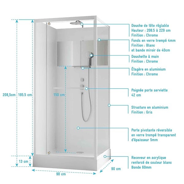 AURLANE - Cabine de Douche Carrée 90x90cm Porte Pivotante - Blanche - Bande Effet Miroir - SQUARE STRIPE - large