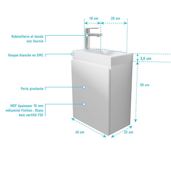 AURLANE - Meuble Lave Mains Blanc 40x50x22 cm avec Vasque en SMC - ELEMENTARY - large