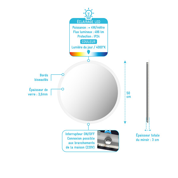 AURLANE - Miroir salle de bain rond avec eclairage LED - Diamètre 50cm - GO LED - large