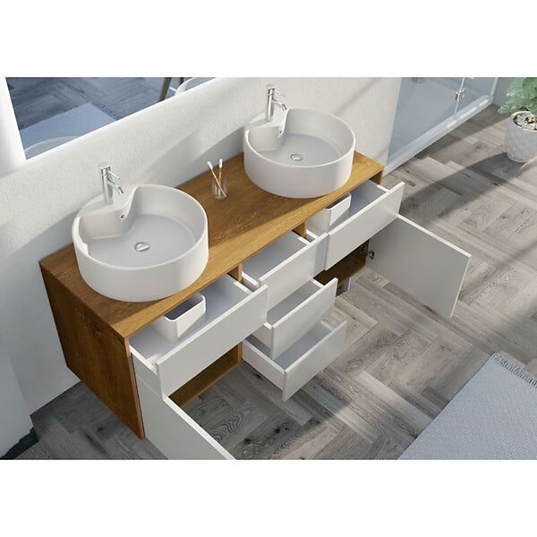 DISTRIBAIN - Meuble double vasque VENEZIA Bois Naturel et Blanc mat (sans miroir) - large