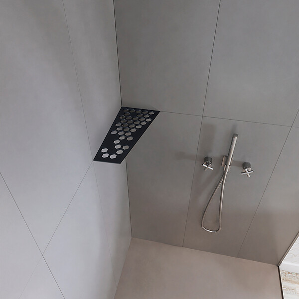 U-TILE - Etagère de douche en acier inox noir 26,2 x 12/7 cm x 2 mm - Rectangulaire design Hexagone - fixation sans perçage - large