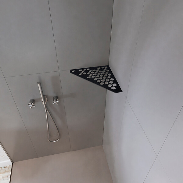 U-TILE - Etagère de douche en acier inox noir 20,4 x 20,4 cm x 2 mm - Pentagone design Hexagone - fixation sans perçage - large
