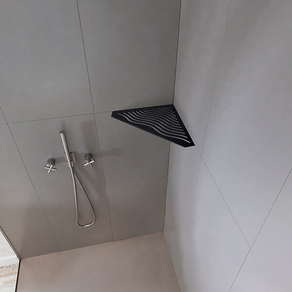U-TILE - Etagère de douche en acier inox noir 20,4 x 20,4 cm x 2 mm - Pentagone design Aqua - fixation sans perçage - large