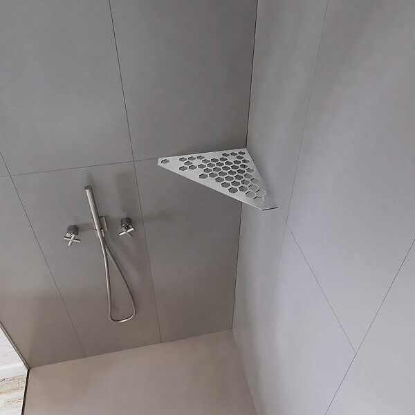 U-TILE - Etagère de douche en acier inox 20,4 x 20,4 cm x 2 mm - Pentagone design Hexagone - fixation sans perçage - large