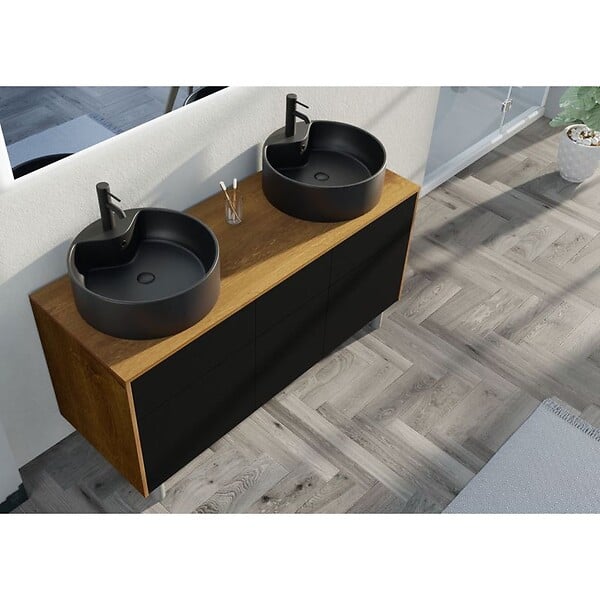 DISTRIBAIN - Meuble double vasque VENEZIA Bois Naturel et Noir mat (sans miroir) - large