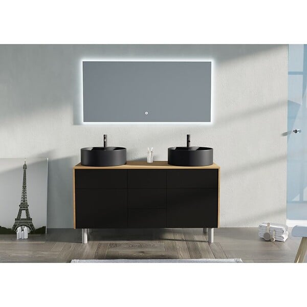 DISTRIBAIN - Meuble double vasque VENEZIA Bois Naturel et Noir mat (sans miroir) - large