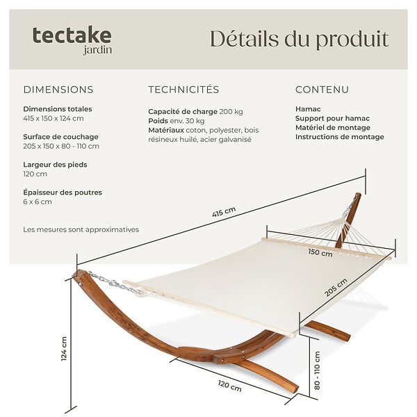 TECTAKE - Hamac sur pied 2 personnes bois blanc en coton polyester 415x150x124 cm - large