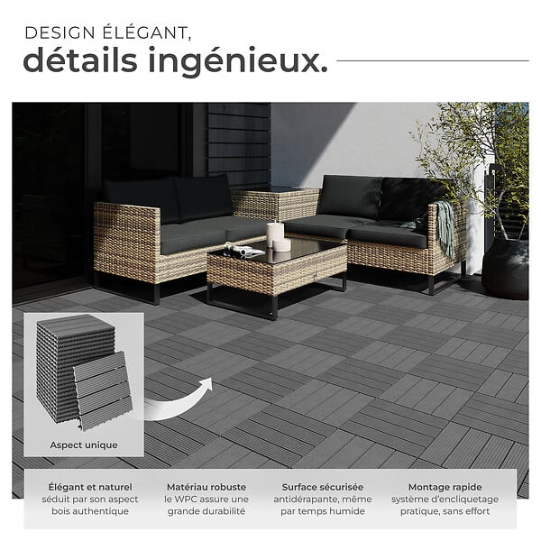 TECTAKE - Dalles terrasse en wpc gris clipsables avec système clic surface antidérapante 31x31x2,2 cm - large