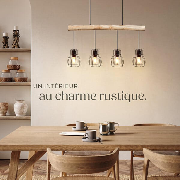 TECTAKE - Lampes suspendues WOODY poutre en bois et 4 ampoules 40 W noir/marron - large