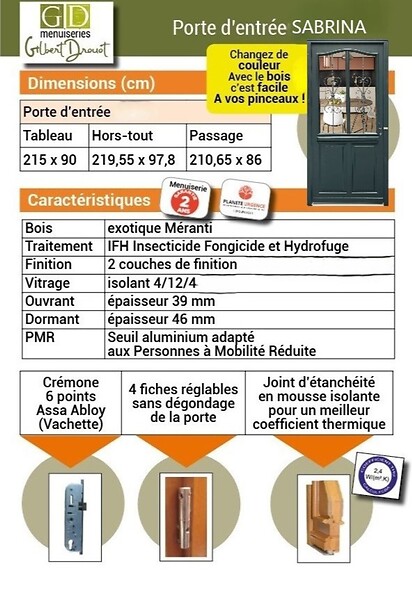 GD MENUISERIES - Porte d'entrée Bois Vitrée Sabrina Gris Anthr., H215 x L90 cm Côte Tableau, p.Droit - large