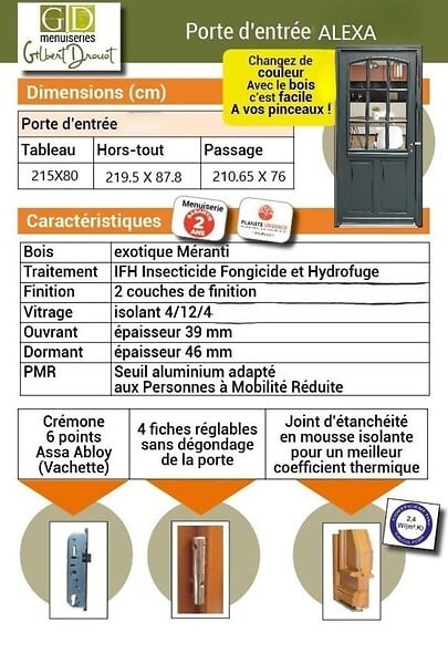GD MENUISERIES - Porte d'entrée Bois Vitrée Alexa Gris Anthr., H215 x L80 cm Côte Tableau, p.Droit (Poignée, Barillet ref 010723NO) - large