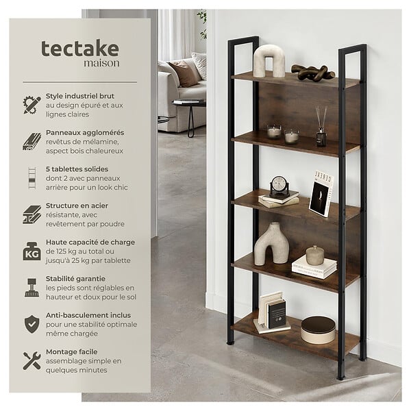 TECTAKE - Étagère Westport 62x24x165,5cm Bois foncé industriel, rustique - large