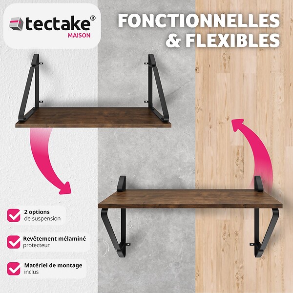 TECTAKE - 2 étagères suspendues Irvine Bois foncé industriel, rustique - large