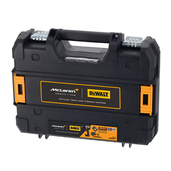 DEWALT - Perceuse Visseuse Percussion XR 18V Brushless Dewalt DCD85MP2T-QW Édition Limitée McLaren Livrée Avec 2 Batteries 5Ah Li-Ion, 1 Chargeur en Coffret TSTAK - large