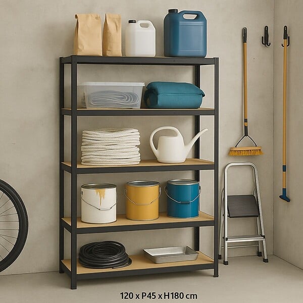 BRIXO - Etagère de Garage 5 tablettes Bois MDF 120xP45xH180 cm Charges lourdes 300Kg Structure Acier Rangement Rayonnage BRIXO - large