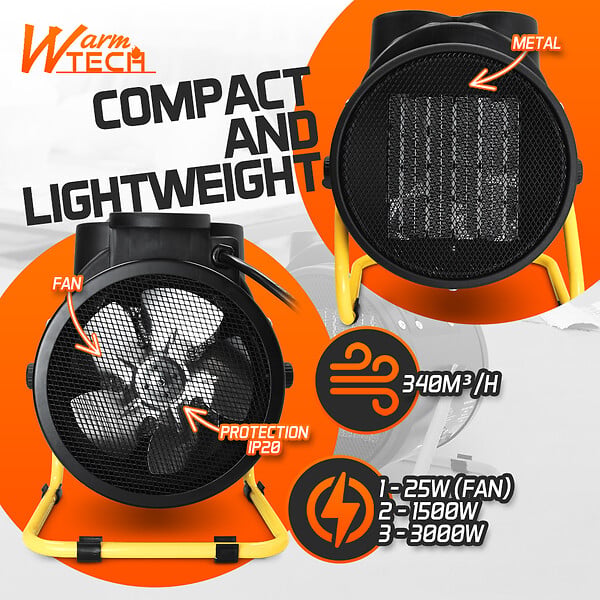 WARM TECH - Chauffage d'atelier céramique 3000W avec thermostat - large