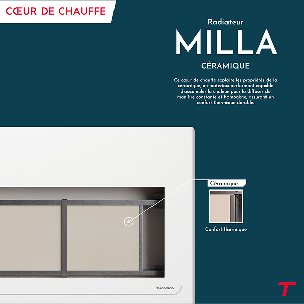 THOMSON - Radiateur électrique fixe à inertie sèche céramique - THOMSON - MILLA 1500W - Connecté WiFi - blanc - NF - large