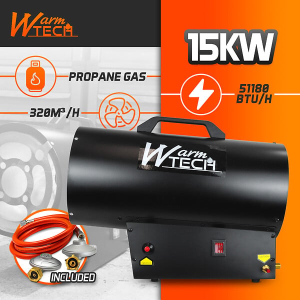WARM TECH - Canon à chaleur au gaz 15 KW avec tuyau et détendeur - large