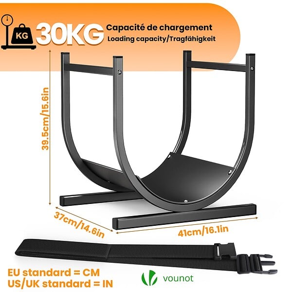 VOUNOT - Range Buche Support a bois avec Sangle de Sécurité 41x37x39.5cm en Metal noir - large