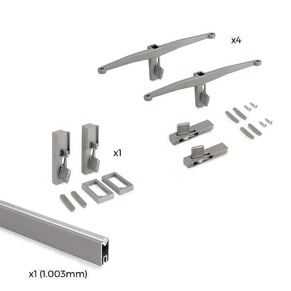 EMUCA - Kit de fixation pour 4 étagères en bois et 1 tringle de suspension de 1m de long Zero, Aluminium et Zamak et Plastique, Peint gris pierre - large