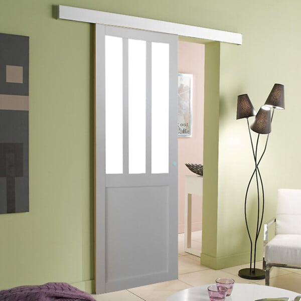 GD MENUISERIES - Porte Coulissante Atelier Blanc H204 x L93 cm, Rail alu Bandeau Blanc - large