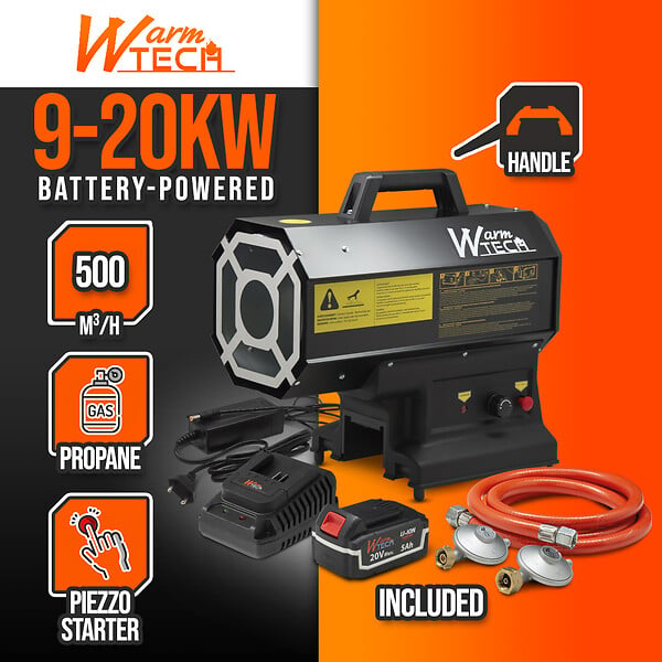 WARM TECH - Canon à chaleur au gaz réglable de 9 à 20KW et fonctionnant sur batterie ou sur secteur - large