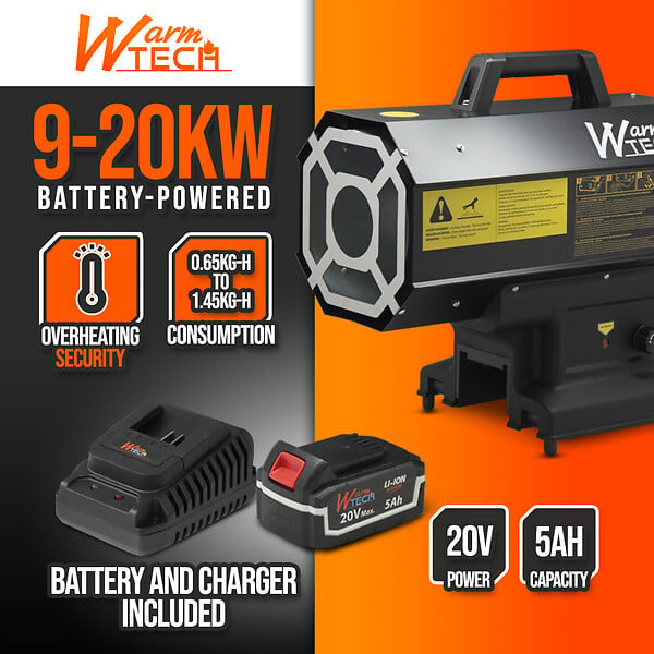 WARM TECH - Canon à chaleur au gaz réglable de 9 à 20KW et fonctionnant sur batterie ou sur secteur - large