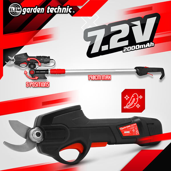 ELEM GARDEN TECHNIC - Sécateur rechargeable 7.2V lithium avec perche télescopique - large