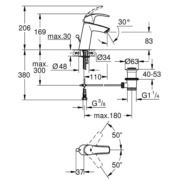 GROHE - Vasque à poser Euro Ceramic 60cm  + Mitigeur lavabo M Eurosmart avec vidage Chromé - large