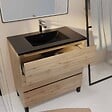 AURLANE - Meuble de salle de bains 80 cm 3 Tiroirs Chêne Naturel + Vasque Céramique Noire - TIMBER - vignette