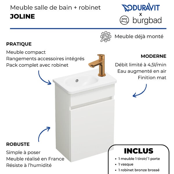 BURGBAD - Pack meuble suspendu lave-mains Joline blanc mat + Robinet lave-mains eau froide Duravit Wave bronze brossé - large