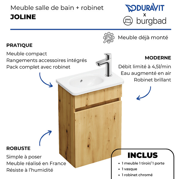 BURGBAD - Pack meuble suspendu lave-mains Joline chêne + Robinet lave-mains eau froide Duravit Wave Inox brossé - large