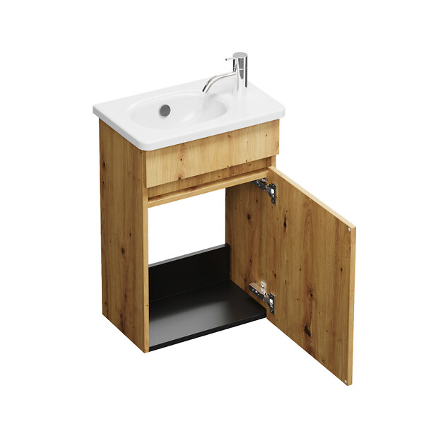 BURGBAD - Pack meuble suspendu lave-mains Joline chêne + Robinet lave-mains eau froide Duravit Wave bronze brossé - large