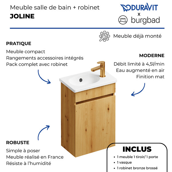 BURGBAD - Pack meuble suspendu lave-mains Joline chêne + Robinet lave-mains eau froide Duravit Wave bronze brossé - large