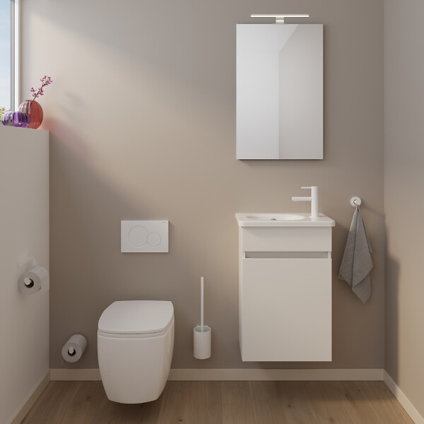 BURGBAD - Pack meuble suspendu lave-mains Joline blanc mat + Robinet lave-mains eau froide Duravit Wave Inox brossé - large