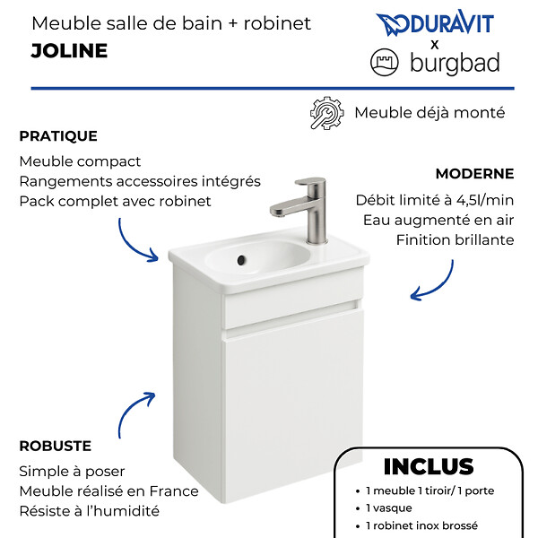 BURGBAD - Pack meuble suspendu lave-mains Joline blanc mat + Robinet lave-mains eau froide Duravit Wave Inox brossé - large
