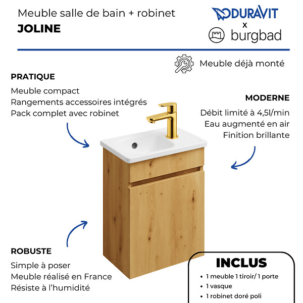 BURGBAD - Pack meuble suspendu lave-mains Joline chêne + Robinet lave-mains eau froide Duravit Wave Doré poli - large