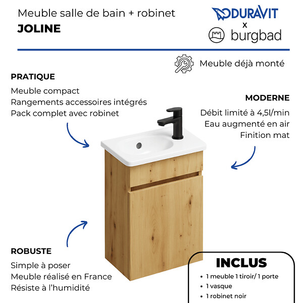 BURGBAD - Pack meuble suspendu lave-mains Joline chêne + Robinet lave-mains eau froide Duravit Wave noir mat - large
