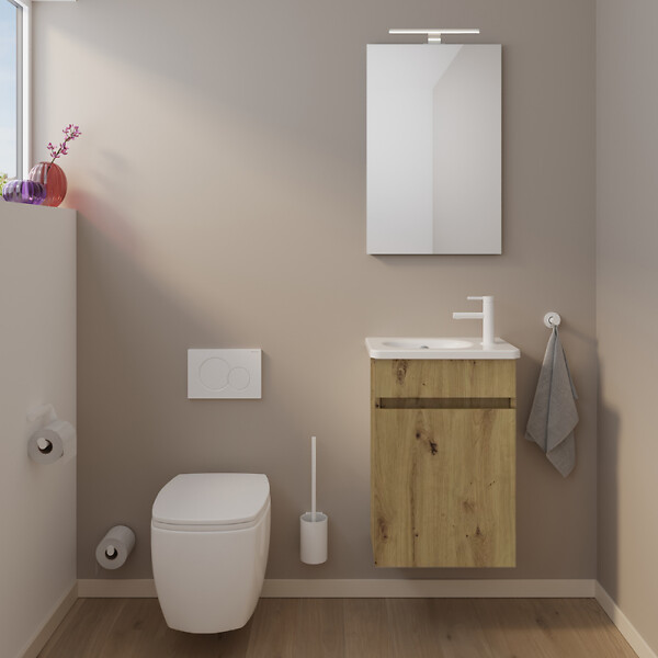BURGBAD - Pack meuble suspendu lave-mains Joline blanc mat + Robinet lave-mains eau froide Duravit Wave Doré poli - large