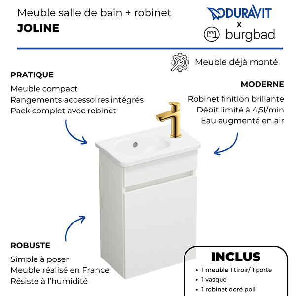 BURGBAD - Pack meuble suspendu lave-mains Joline blanc mat + Robinet lave-mains eau froide Duravit Wave Doré poli - large