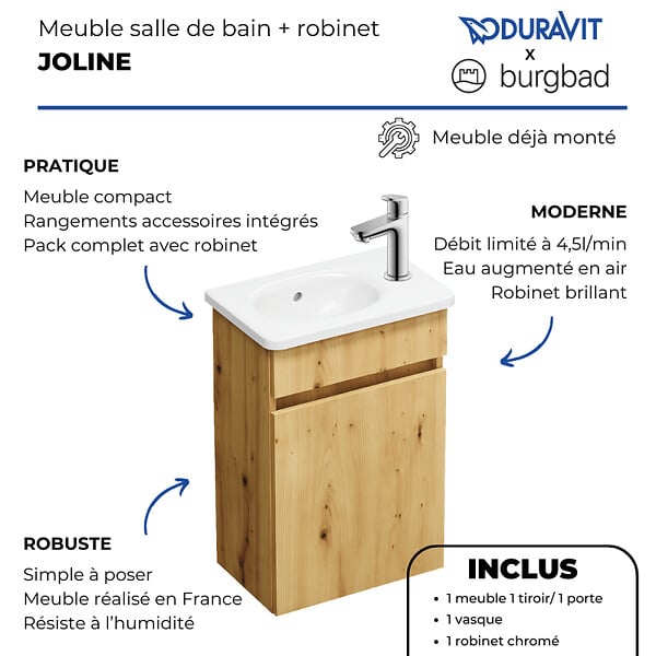 BURGBAD - Pack meuble suspendu lave-mains Joline chêne + Robinet lave-mains eau froide Duravit Wave Chromé brillant - large