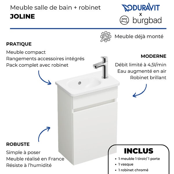 BURGBAD - Pack meuble suspendu lave-mains Joline blanc mat + Robinet lave-mains eau froide Duravit Wave Chromé brillant - large