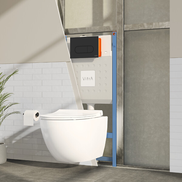VITRA - Pack WC suspendu VitrA Sento Blanc Compact + Bâti auto-portant V-Fix Core + Plaque Round Noir mat - large