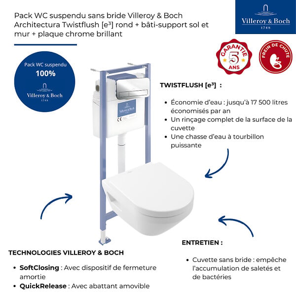 VILLEROY ET BOCH - Pack WC suspendu sans bride Architectura Twistflush [e³] rond + bâti-support sol et mur + plaque chrome brillant - large