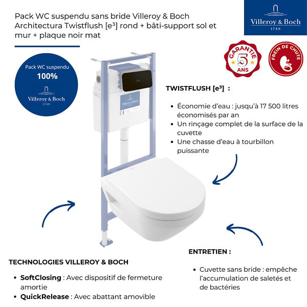 VILLEROY ET BOCH - Pack WC suspendu sans bride Architectura Twistflush [e³] rond + bâti-support sol et mur + plaque noir - large