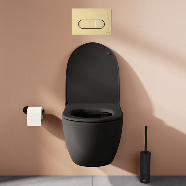 VITRA - Pack WC suspendu VitrA Sento noir + bâti autoportant V-Fix Core + Plaque Round Or brossée - large