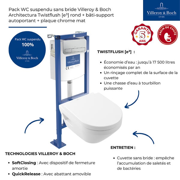 VILLEROY ET BOCH - Pack WC suspendu sans bride Architectura Twistflush [e³] rond + bâti-support ViConnect + plaque chrome mat - large