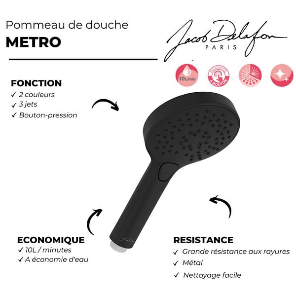 JACOB DELAFON - Pommeau de douche Metro 3 jets noir + flexible - large