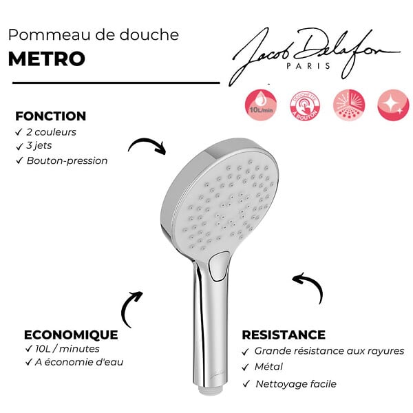 JACOB DELAFON - Pommeau de douche Metro 3 jets chromé + flexible - large